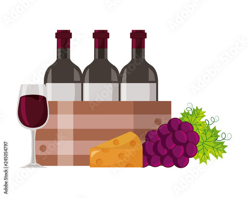 wine bottle on basket grapes cheese and glass cup