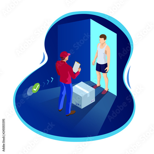 Express home delivery. Courier gives the man a box. Shopping online. Free shipping, 24 hour delivery.