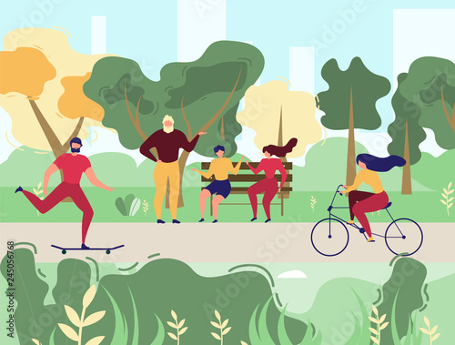 People Resting in City Park Vector Illustration