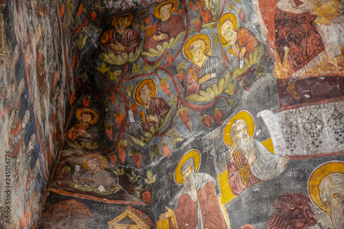 Macka, Trabzon, Turkey - August 3, 2014; Sumela monastery courtyard under the rock. Remains of old fresco are seen on several walls.Macka, Trabzon, Turkey. photo