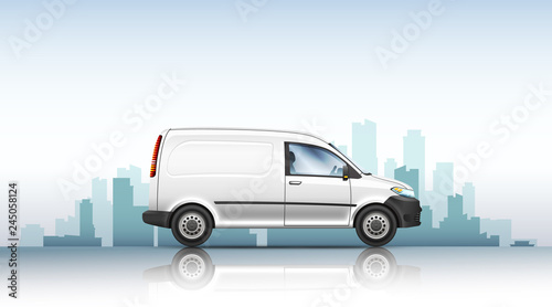 Conceptual vector illustration of van on a urban background.