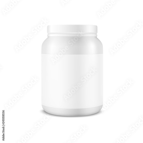 Vector Realistic 3d White Plastic Jar, Can with Lid Closeup Isolated on White Background. Design Template of Whey Protein, Sport Powder, Vitamins, BCAA, Pills, Caps for Mockup. Front View