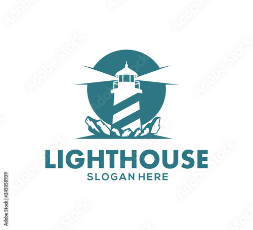 lighthouse stand in the coral rock ocean at the night vector icon logo design