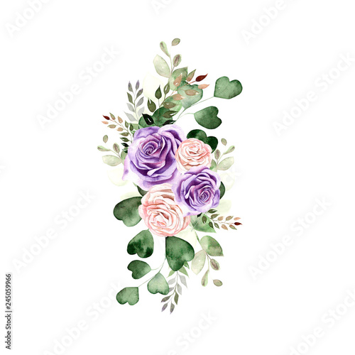 Watercolor bouquet with roses flowers and eucalyptus leaves.