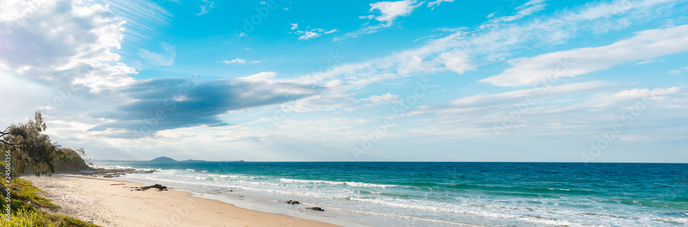 Panoramic view of ocean and beach with mountains on horizon in Sunshine Coast, Mooloolaba beach, Australia travel contest