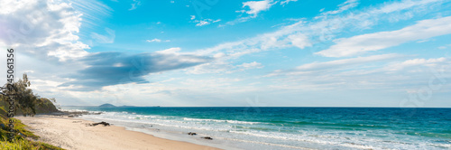 Panoramic view of ocean and beach with mountains on horizon in Sunshine Coast, Mooloolaba beach, Australia travel contest