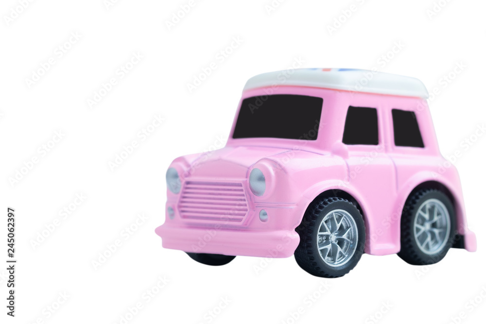 small pink metal toy car clipping path on white background