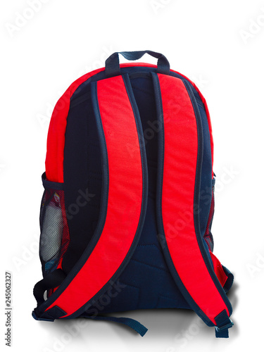 red backpack in black back  on white background. (clipping path)