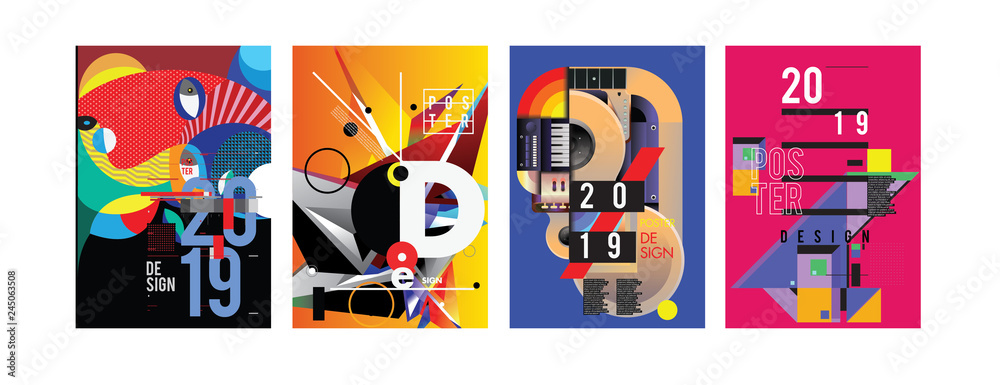 2019 New Poster and Cover Design Template for Magazine. Trendy Vector Typography and Colorful Illustration Collage for Cover and Page Layout Design Template in eps10.