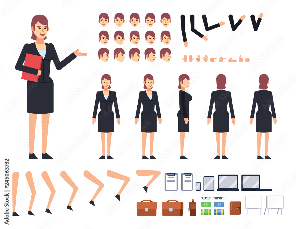 Businesswoman in formal suit creation kit. Creat your own pose, action, animation. Various emotions, gestures, design elements. Flat design vector illustration