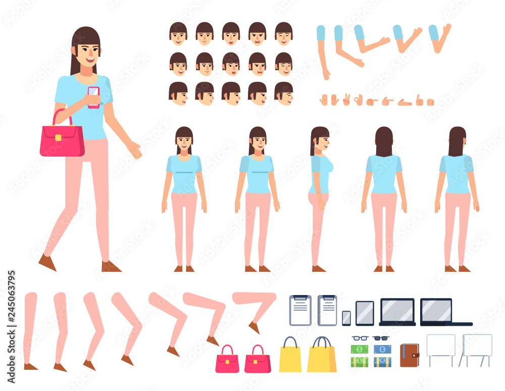 Young woman creation kit. Create your own pose, action, animation. Various gestures, emotions, design elements. Flat design vector illustration
