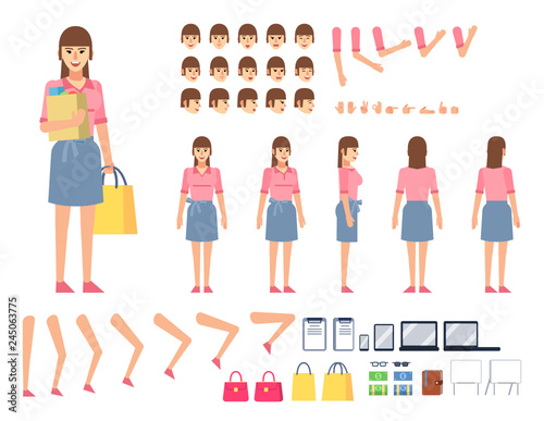 Young woman creation kit. Create your own pose, action, animation. Various gestures, emotions, design elements. Flat design vector illustration