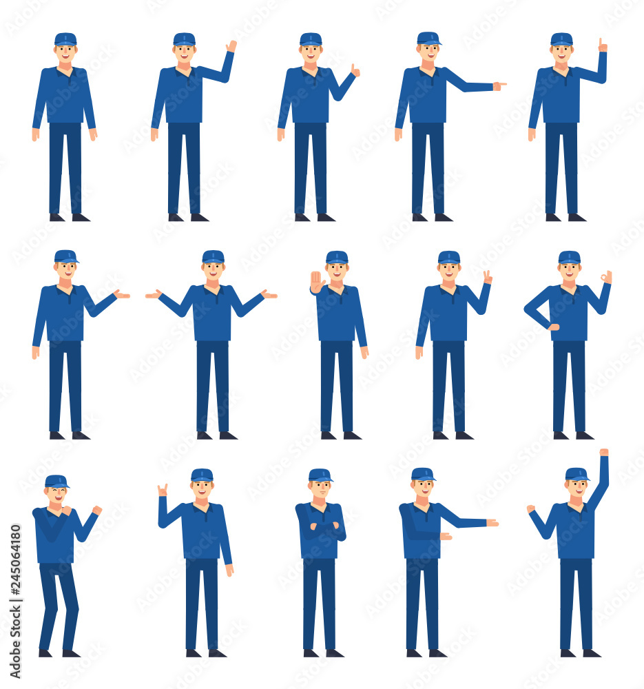Set of worker or courier characters showing various hand gestures. Workman pointing, greeting, showing victory hand, stop sign and other gestures. Flat design vector illustration