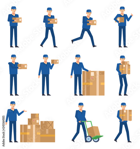 Set of worker or courier characters posing with various parcel boxes. Courier holding package, pointing to box, walking, running and showing other actions. Flat design vector illustration
