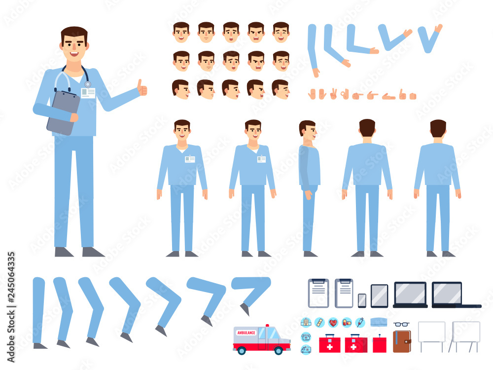 Doctor, male nurse creation kit. Create your own pose, action, animation. Various emotions, gestures, design elements. Flat design vector illustration Doctor, male nurse creation kit. Create your own pose, action, animation. Various emotions, gestures, design elements. Flat design vector illustration