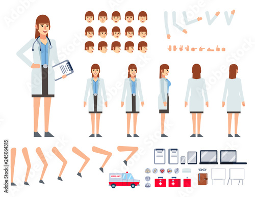 Female doctor in lab coat creation kit. Create your own pose, action, animation. Various emotions, gestures, design elements. Flat design vector illustration