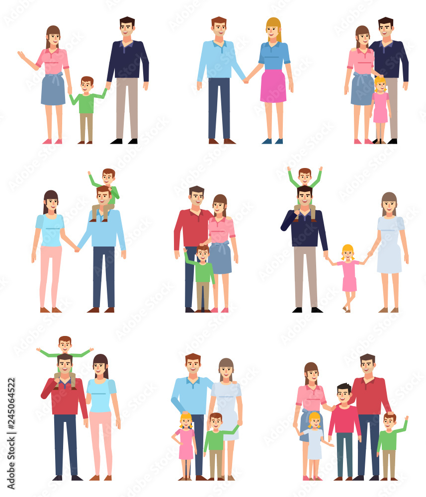 Set of family groups with kids. Various happy family members. Flat design vector illustration