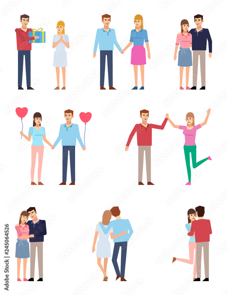 Couple in love. Man and woman posing together, on a date, relationships concept. Flat design vector illustration