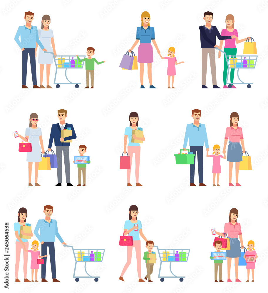 Group of people on shopping, happy family. Husband and wife on shopping with children. Flat design vector illustration
