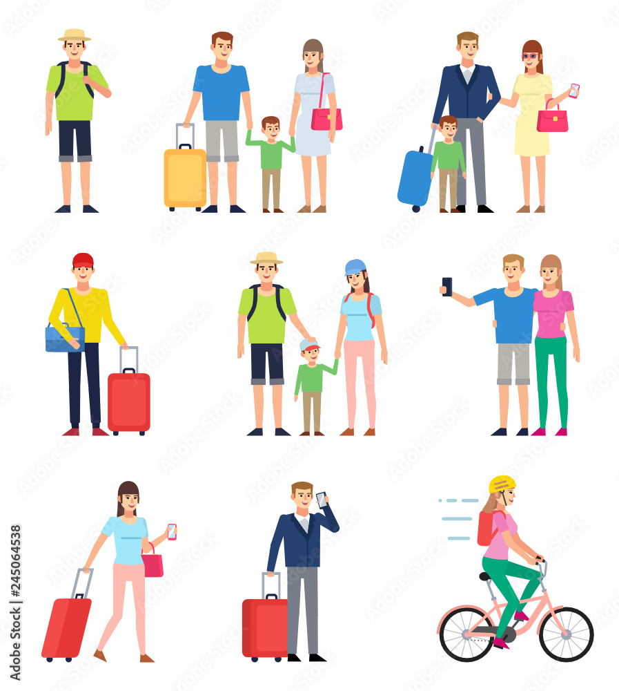 Set of tourist, traveler people. Family at vacation, group of people in airport with luggage. Flat design vector illustration