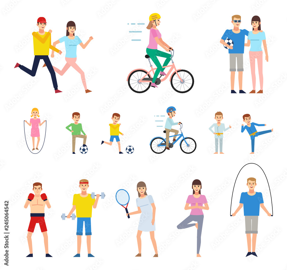 Group of people doing various sports. Family in park, man and woman running, kids doing sports. Flat design vector illustration