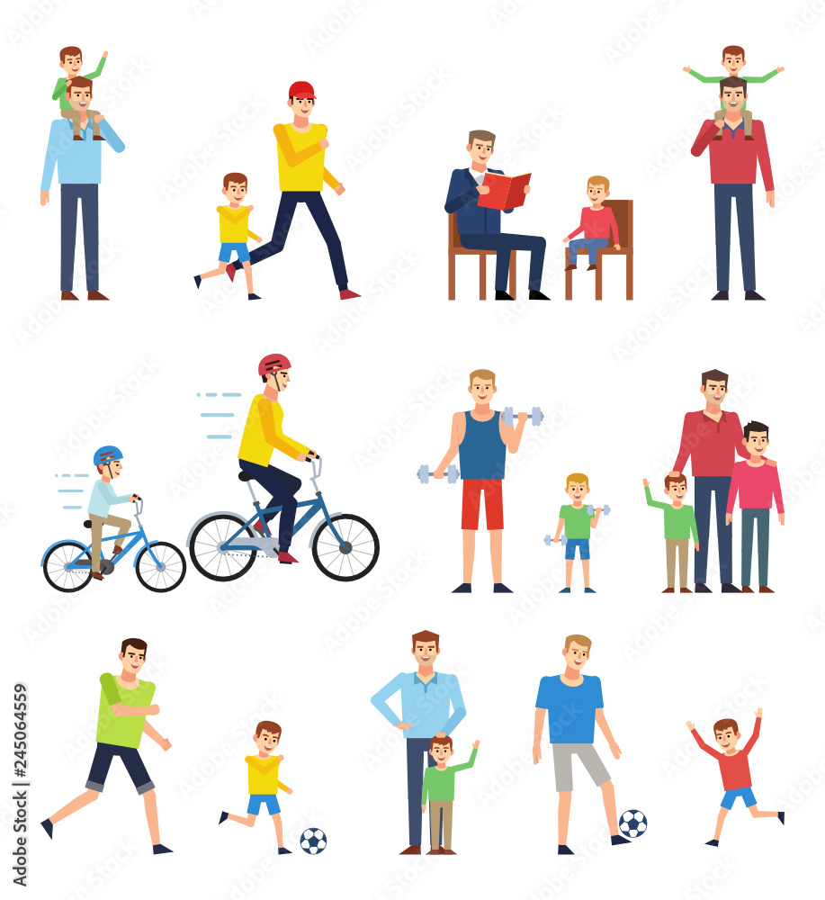 Father and son spending time together. Man with his son playing football, running, riding bikes, reading, having fun. Flat design vector illustration