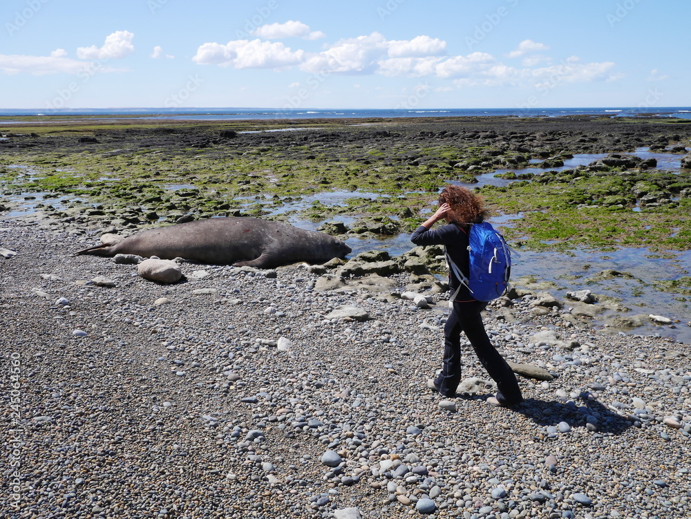 Young woman walking on the rocky coast of Patagonia