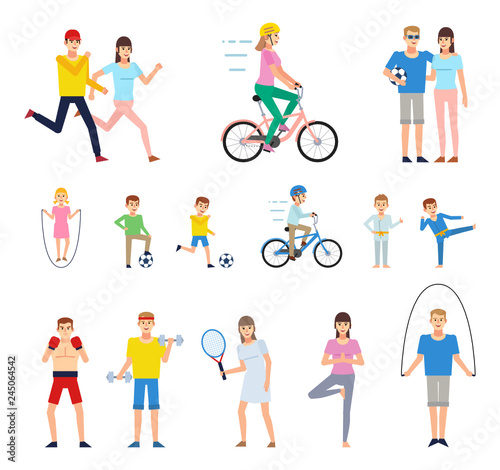 Group of people doing various sports. Family in park, man and woman running, kids doing sports. Flat design vector illustration © paper_owl
