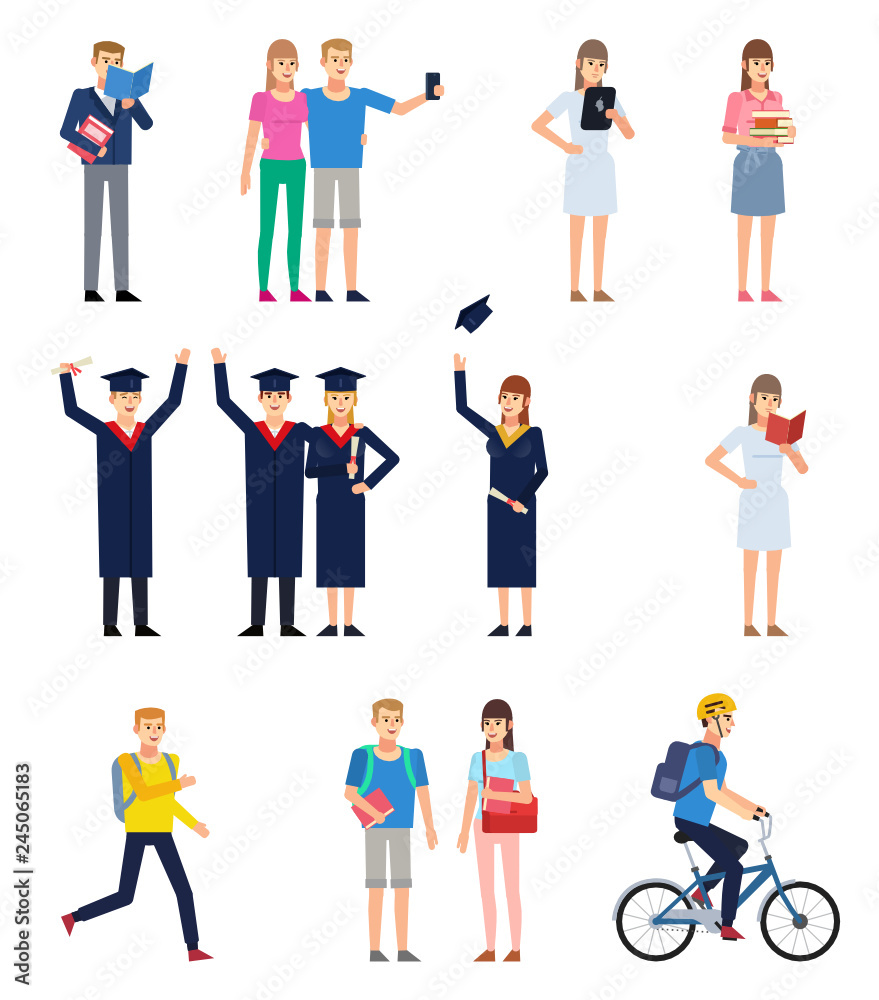 Various male and female students showing diverse actions. Students life concept. Cheerful student making selfie, holding book, riding bike, running, celebrating. Flat design vector illustration