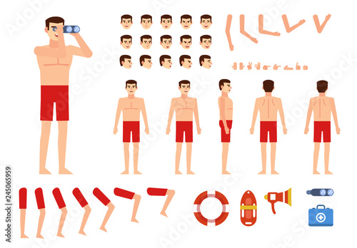 Male lifeguard creation kit. Create your own pose, action, animation. Various gestures, emotions, design elements. Flat design vector illustration