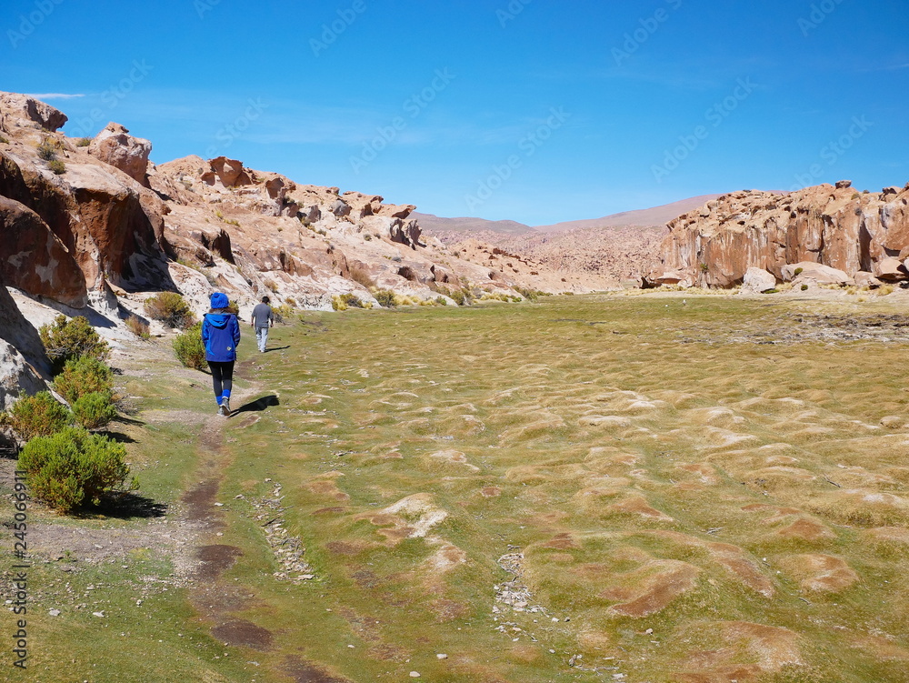 Tourist at Laguna escondida in Sur Lipez, Bolivia
