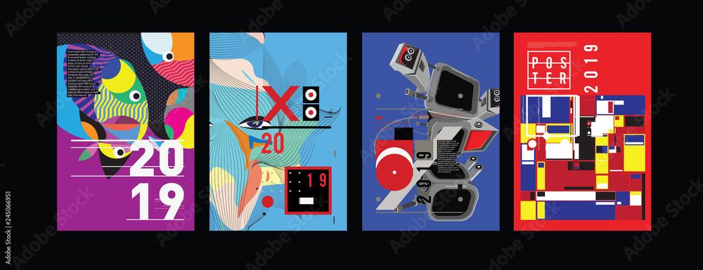 2019 New Poster and Cover Design Template for Magazine. Trendy Vector Typography and Colorful Illustration Collage for Cover and Page Layout Design Template in eps10. 2019 New Poster and Cover Design Template for Magazine. Trendy Vector Typography and Colorful Illustration Collage for Cover and Page Layout Design Template in eps10.