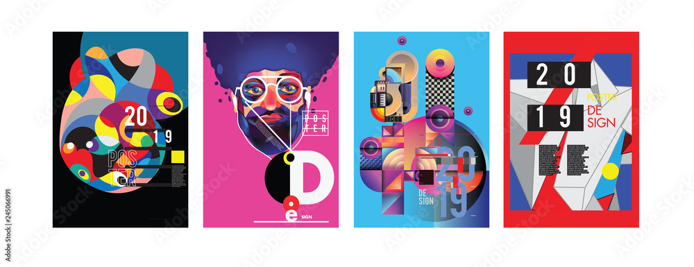 2019 New Poster and Cover Design Template for Magazine. Trendy Vector Typography and Colorful Illustration Collage for Cover and Page Layout Design Template in eps10.