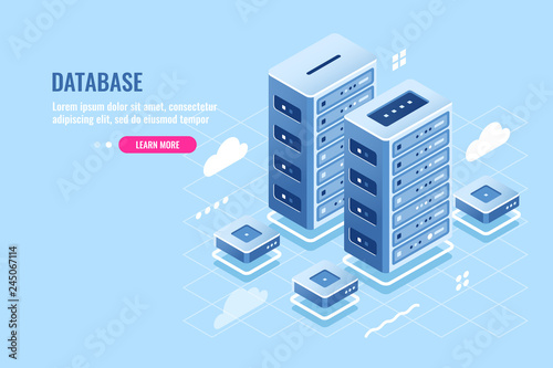 Server room, web site hosting, cloud storage, database and data center isometric icon, blockchain digital technology, flat vector illustration blue