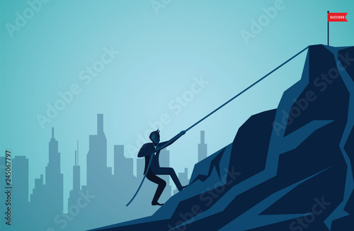 Businessmen are climbing up a mountain with a rope. To the red flag target on the cliff. Business finance success. Overcome obstacles. leadership. illustration cartoon vector