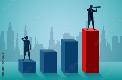 One Businessmen standing holding binoculars on red bar graph. business finance success. leadership. startup. illustration cartoon vector