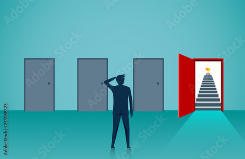 Businessmen standing in front of the four doors are choosing the best way. Decisions to lead to business success and the highest organization. illustration cartoon vector