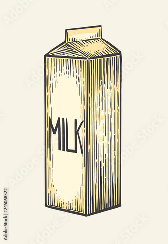 Milk box carton package. Vector engraving vintage illustration.