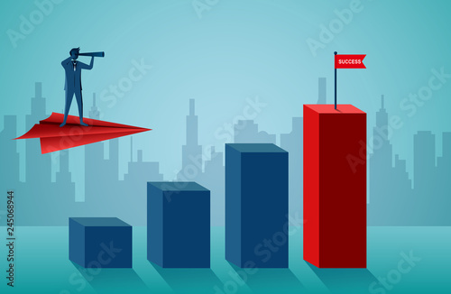 One Businessmen standing holding binoculars on a paper plane while flying above a bar graph go to target red flag. business success concept. startup. illustration cartoon vector