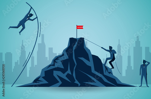 Businessmen competing go to target red flag on the Mountain. business finance success. leadership. startup. illustration cartoon vector
