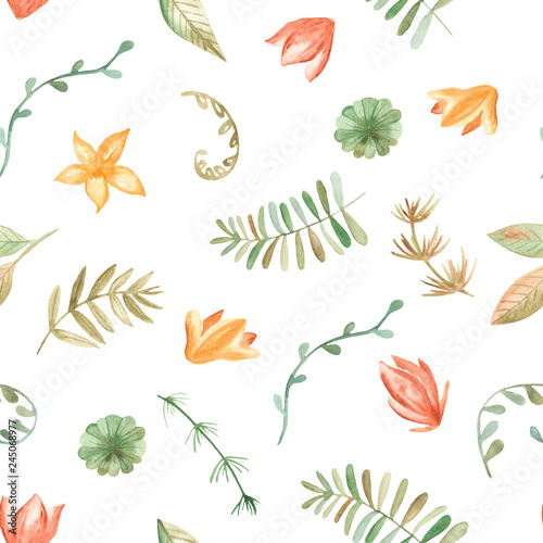 Watercolor set of prehistoric plants. Illustration of palm trees, flowers, mountains, shells, clouds, leaves. Elements and patterns for cards, invitations, children's design.