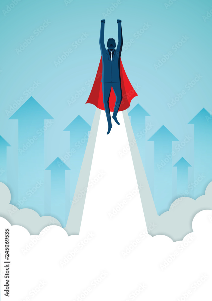 Successful superhero businessmen are flying up into the sky and arrows