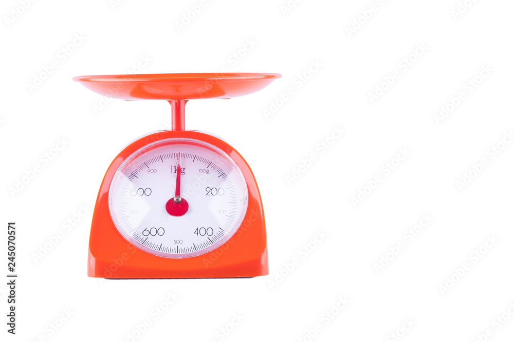 Foto Stock tools,bakery,weighing scales,scales,orange,red,scale ,kitchen,weight,isolated,white,balance,food,background,measurement,mass,instrument,object,vintage,kilogram,cooking,retro,tool,metal,measure,single,n  | Adobe Stock