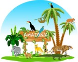  Amazon Jungle wildlife scene with plants and animals, wooden pointer vector illustration
