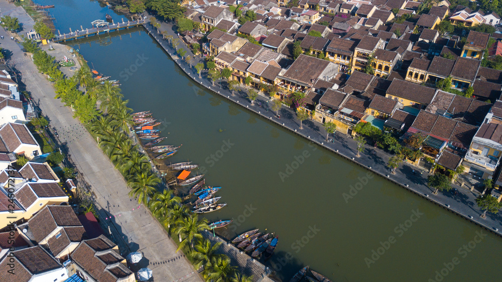 Aerial view panoramic of Hoi An old town or Hoian ancient town. Royalty high-quality free stock photo image top view house, rooftop, river of Hoi An city. Hoian city is the most popular destination
