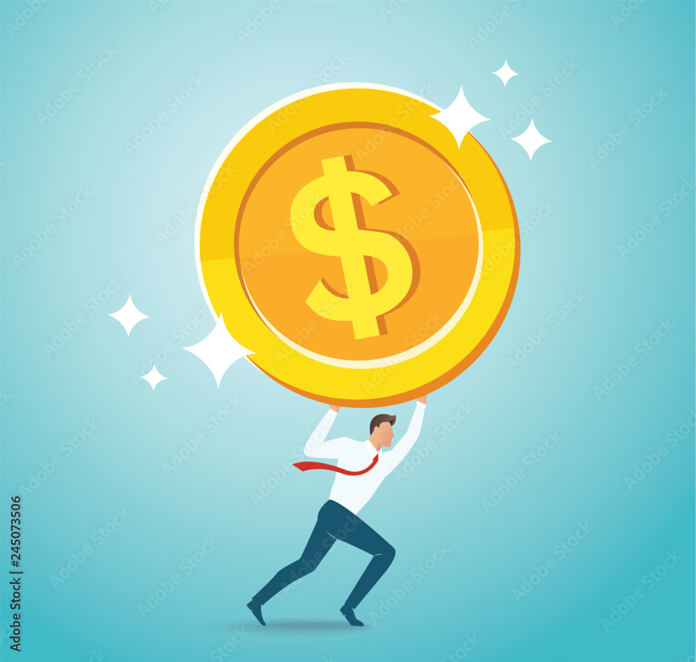 businessman holding big gold coin. business concept vector illustration businessman holding big gold coin. business concept vector illustration