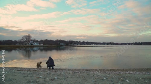 A kneeling Man takes photo with his dog on beach, pastels reflect in calm waters photo