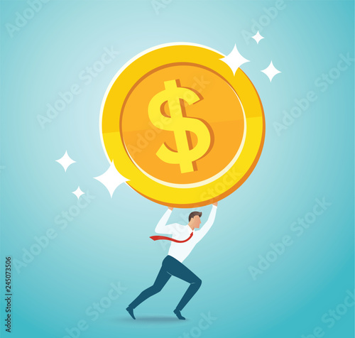 businessman holding big gold coin. business concept vector illustration