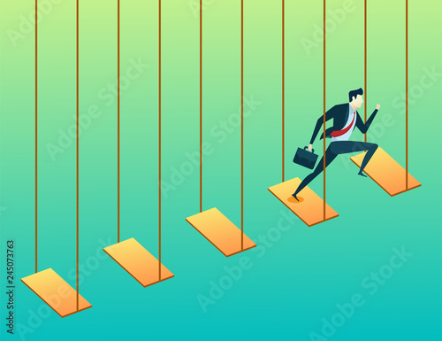 business people concept illustration run and jump on swing go goals