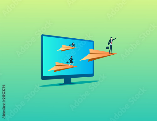 business people concept illustration online monitor start up with paper airplane